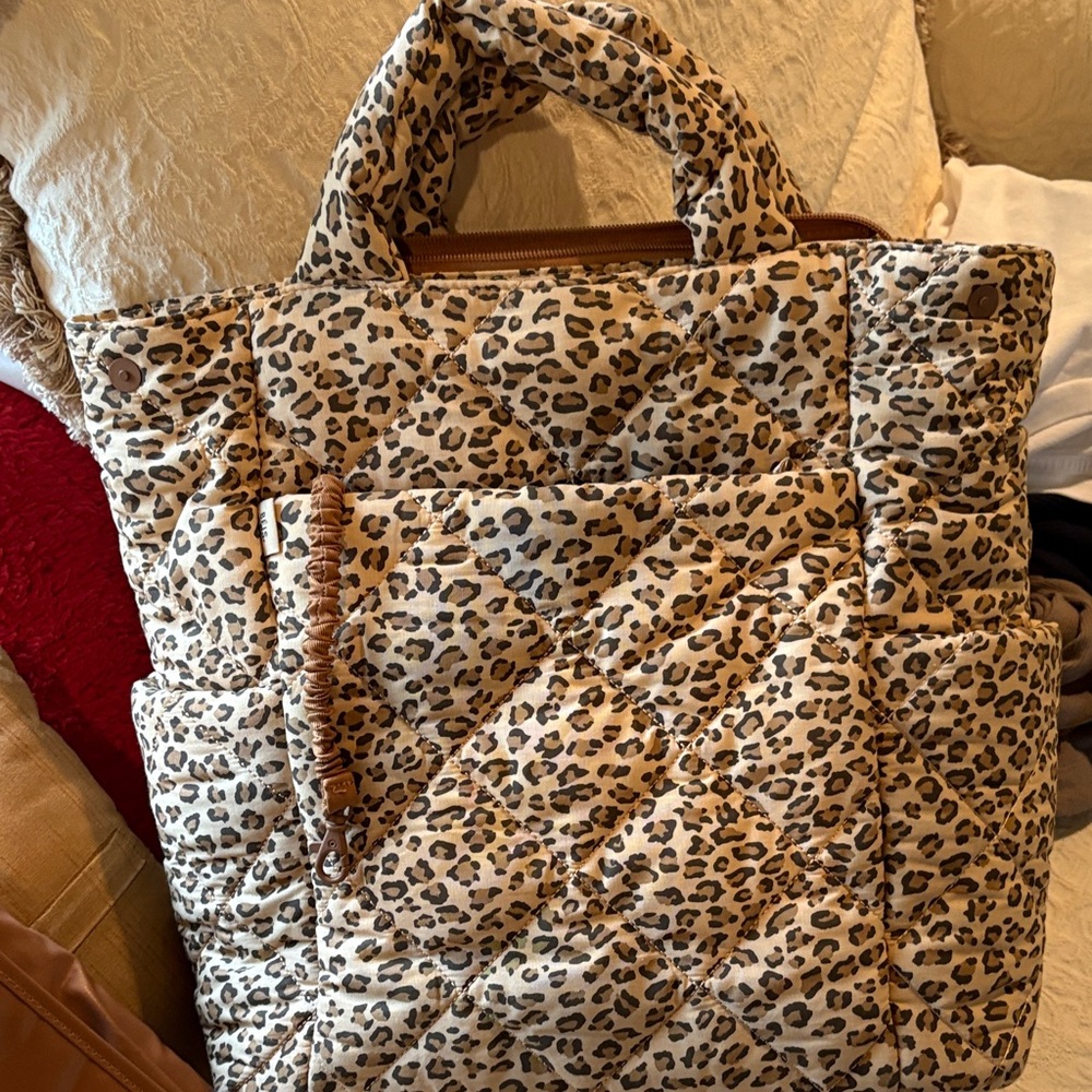 Leopard Print Quilted Beis backpack/tote diaper bag.